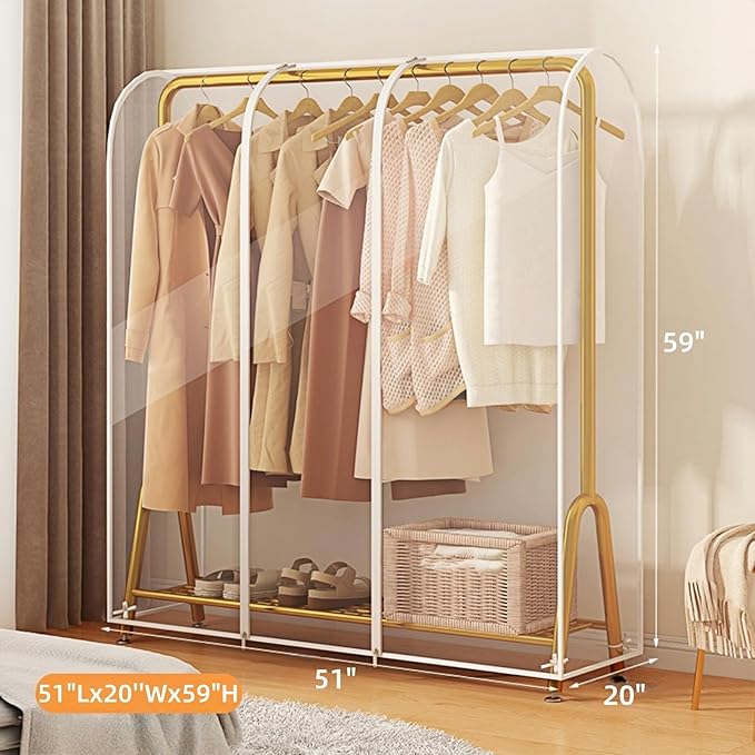 Clear Garment Rack Cover, Transparent Clothes Rack Cover with 2 Smooth Zipper, Dustproof and Waterproof Clothing Protector (S/M:51''L x 20''W x 59''H)