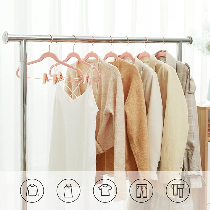 SONGMICS 24 Pack Pants Hangers, 16.7 Inch Coat Hangers with Rose Gold Colored Movable Clips, Heavy-Duty, Non-Slip, Space-Saving, for Pants, Skirts, Dresses, Light Pink UCRF14PK24