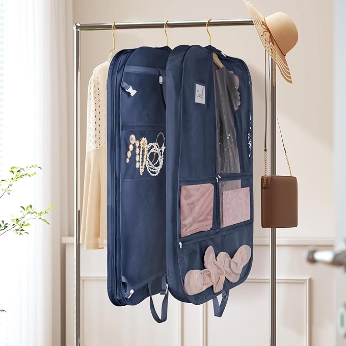Univivi 40 Inch Kids Garment Bags for Dance Costumes, 3 Medium Clear Zipper Pockets and 2 Back Zippered Pockets for Hanging Clothes, Travel Storage - Navy Blue