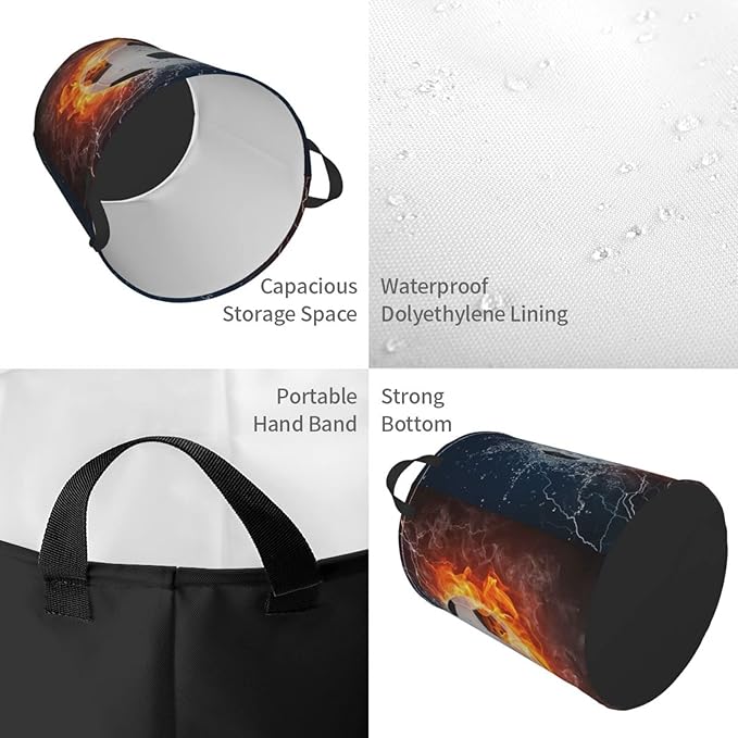 Dujiea Soccer Ball In Fire And Water Laundry Basket Round With Handle, Collapsible Foldable Canvas Storage Bin Dirty Clothes Bag For Laundry/Toys Organizer/College Dorm/Nursery/Decor(2 Sizes)