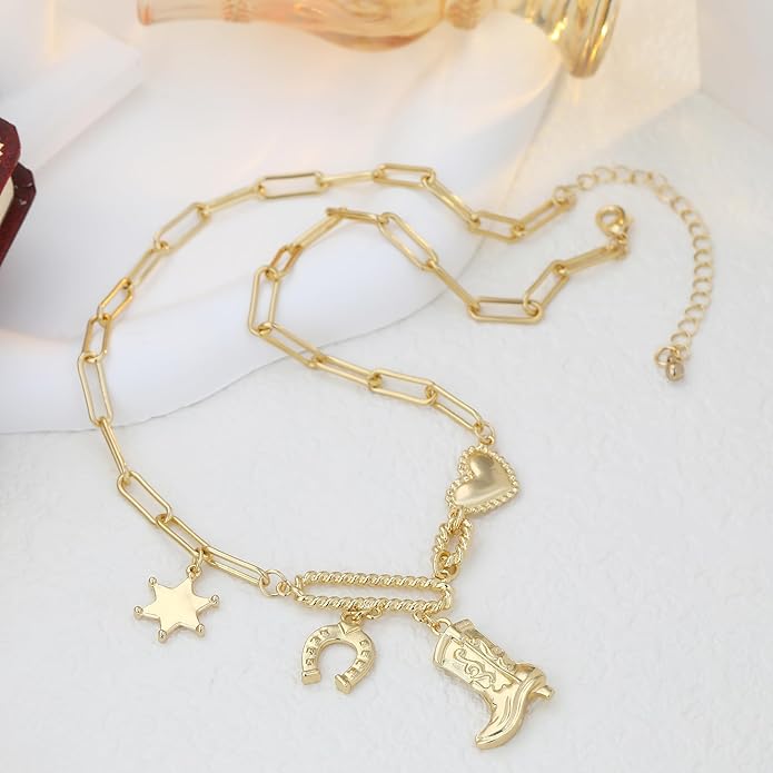 Chunky Gold Necklace for Women Gold Evil Eye Cowboy Pendant Necklace Dainty Paperclip Chain Vintage Luck Amulet Choker Necklaces Celestial Jewelry Gift