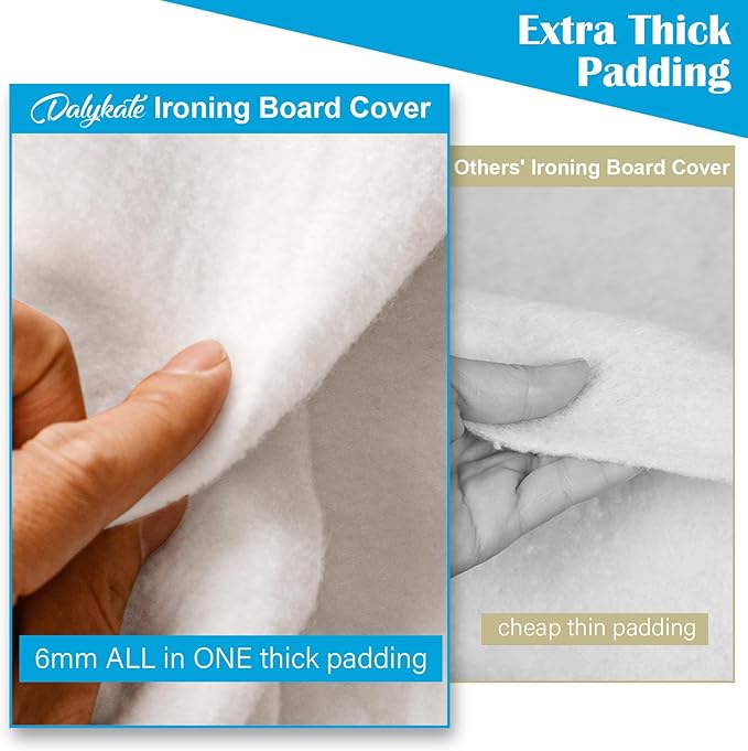 Dalykate 15x54 Ironing Board Cover and Pad with Elastic Edge and Scorch and Stain Resistant Thick Padding Ironing Board Covers 4 Fasteners and Protective Scorch Mesh Cloth