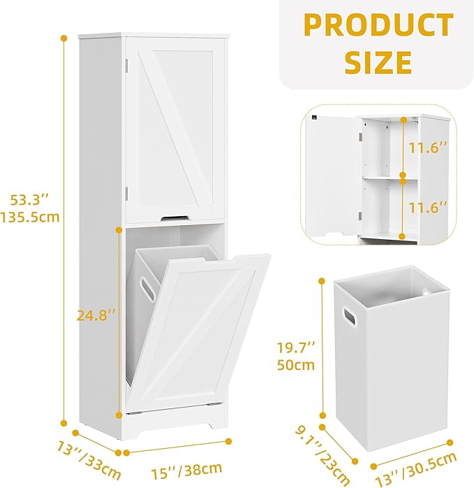 DWVO Tilt Out Laundry Hamper - 53" Tall Bathroom Storage Cabinet Laundry Cabinet with Adjustable Shelves and Clothes Basket, Hamper Cabinet Shelf for Laundry Room Bathroom Organizer, White