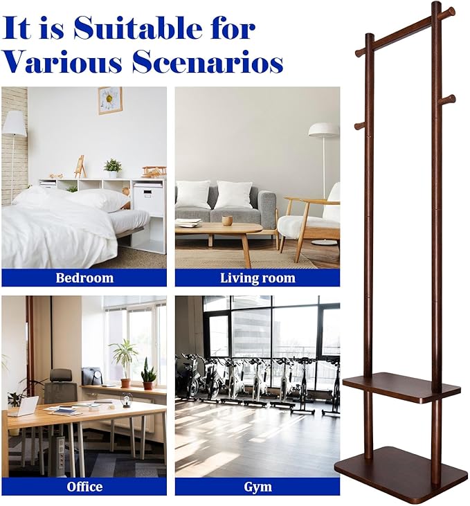Coat Rack,Wooden Coat Rack Freestanding,Standing Coat Racks Tree Clothes Hanger Stand with Stury Base for Entryway, Livingroom, Bedroom,Easy to Assemble(Brown)