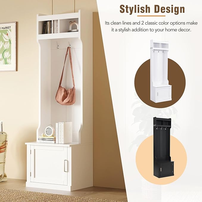 Minimalist Slim 78.7''H Hall Tree with Cabinet & 6 Hanging Hooks, Multi-Functional Storage Bench with Coat Rack, Elegant Foyer Cabinet for Mudrooms Organization Entryway Living Room (White-62s)