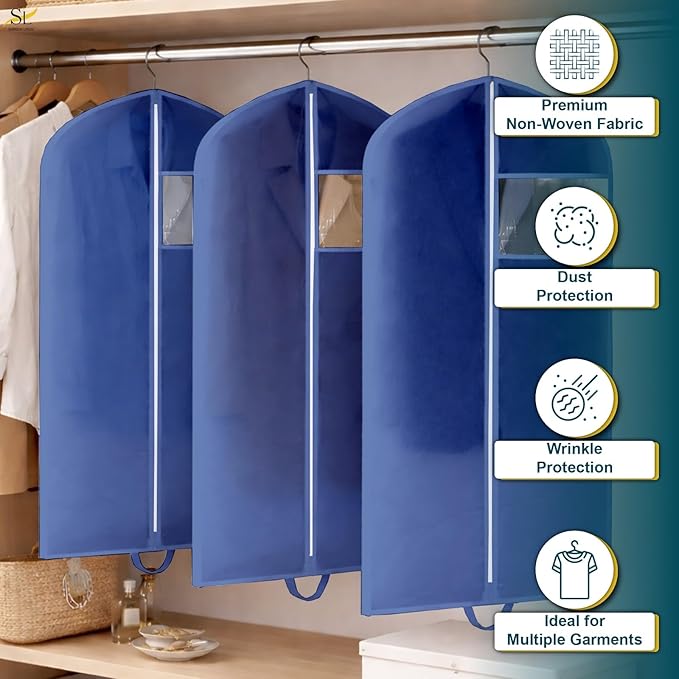 43" Garment Bags for Hanging Clothes, Pack of 3 Suit & Dress Covers for Storage and Travel, Long Gown Bags with Zipper, Indigo Navy