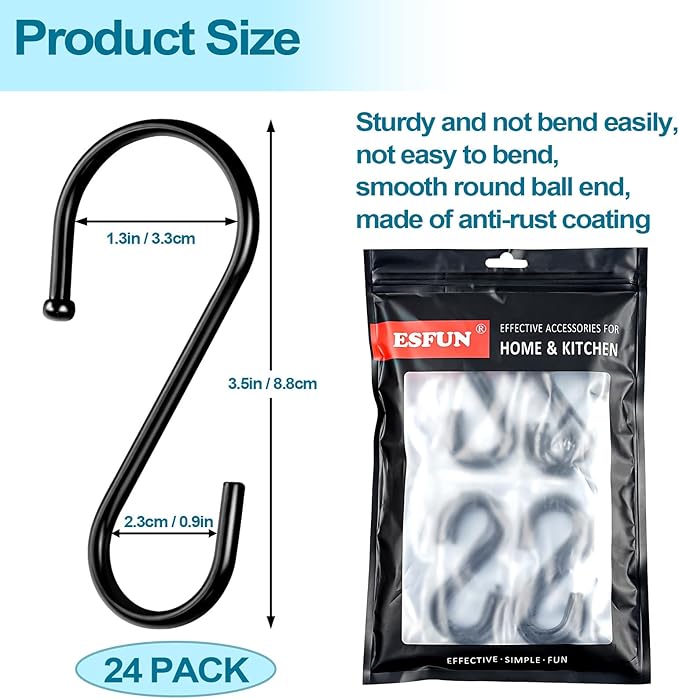 24 Pack S Hooks, 3.5 Inch Heavy Duty S Hooks for Hanging Plant, Large Closet Rod Hooks for Jeans Bags, Black Metal S Shaped Hook for Plant Basket, Pots Pans Wire Shelf Rack, Utensils, Towels