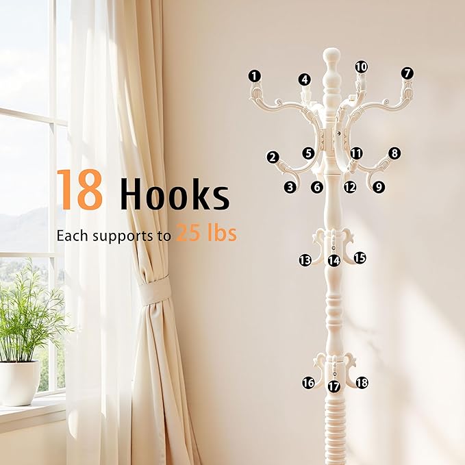 Solid Wood Coat Rack Freestanding Coat Tree with 18 Hooks, 3 Adjustable Height Sturdy Coat Racks Tree for Coats, Hats, Bags, Vintage Wood Coat Tree Hanger Stand for Living Room,Entryway,Office