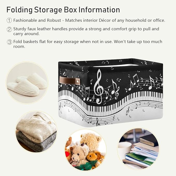 Foldable Storage Baskets, Piano Keys Musical Notes Storage Bins with Handles, Decorative Cloth Organizer Storage Boxes for Home|Office 15 x 11 x 9.5 in