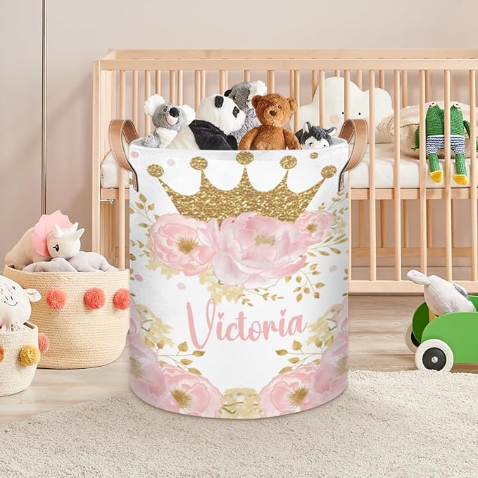 Personalized Laundry Basket, Custom Gift Laundry Hamper, Collapsible Nursery Waterproof Laundry Baskets, Dirty Clothes Toy Hamper with Handles Pink Floral Gold Crown