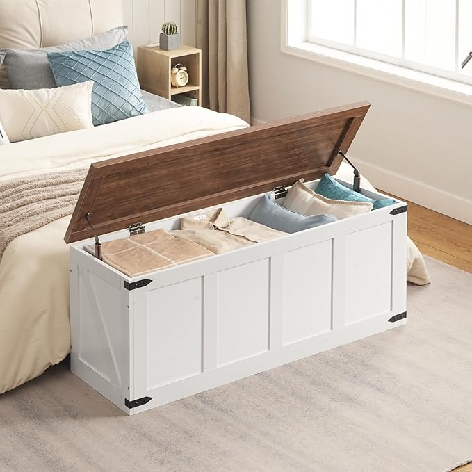 HOOBRO Storage Bench, 47.2”Toy Box Organizer with Safety Hinges, Farmhouse Wooden Storage Chest, for Hallway, Bedroom, Living Room, White and Walnut WH520CW01