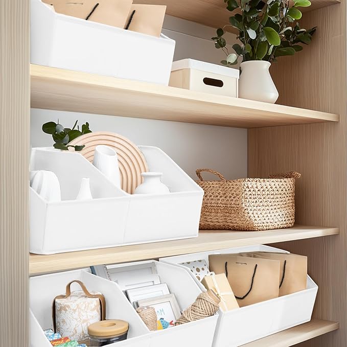 Closet Organizers and Storage Bins - 6 Pack Collapsible Divided Trapezoidal Cube Storage Bins Baskets with Orange Handle for Organizing Clothes Blankets, Toys, Books, Towels(White)