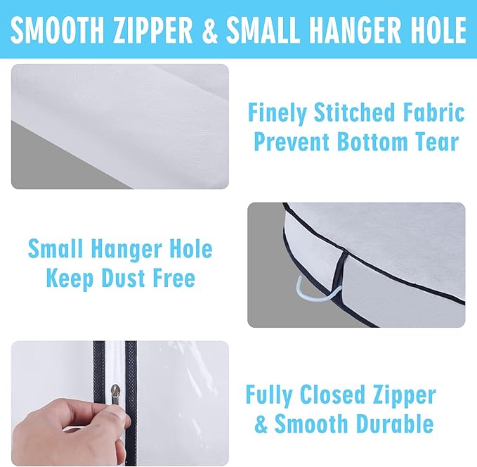 40" Garment Bags for Hanging Clothes, Clear Proof Suits Covers with 4" Gussets for Closet Storage and Travel Hanging Clothes Bag for Coat, Sweater, Jacket, Dress, Shirts (3 Pack - 40")