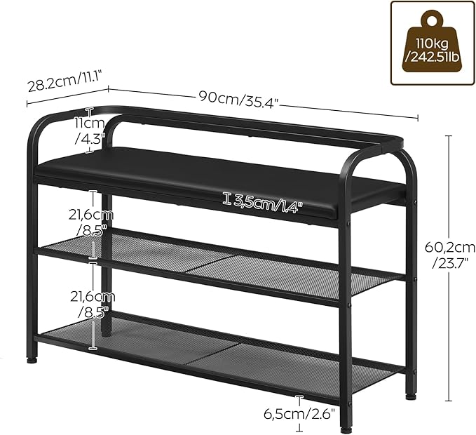 Shoe Bench with Backrest, Entryway Bench, 2-Tier Shoe Rack with PU Padded Seat, Upholstered Shoe Storage Bench with Back, for Hallway, Entryway, Foyer, Bedroom, Black HX14BB