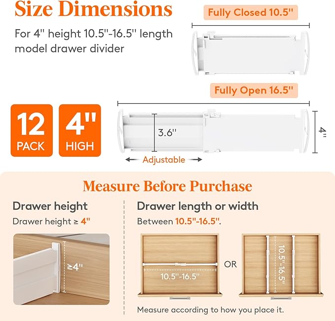 Lifewit 4" Tall 12 Pack Drawer Dividers, 27-42cm/10.5-16.5" Expandable Drawer Divider for Clothes, Adjustable Dresser Drawer Organizers, Drawers Separators for Dresser/Bathroom/Closet/Kitchen White