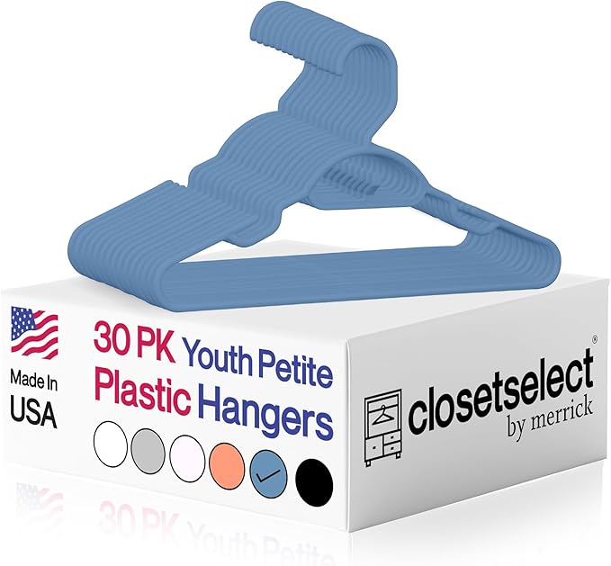 Youth Hangers 30 Pack - 13 Inch Plastic Youth Petite & Childrens Hangers for Closet, Baby Hangers for Children Clothes Sizes 4 to 10, Non-Slip Infant Hangers with Shoulder Grooves | Blue