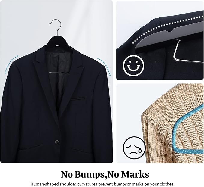 HOUSM Wooden Suit & Skirt Hangers with Heavy-Duty Clips, Premium Solid Wood Pants Hangers, Smooth Finish - Black, 16Pack for Coats, Jeans, Blouses