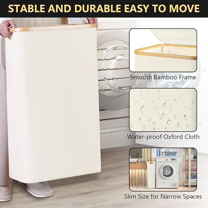 Slim Laundry Hamper with Lid - 60L Narrow Laundry Hamper with Lid, Dirty Clothes Hamper Small Hampers for Small Space, Slim Laundry Basket with Bamboo Handle (Beige)