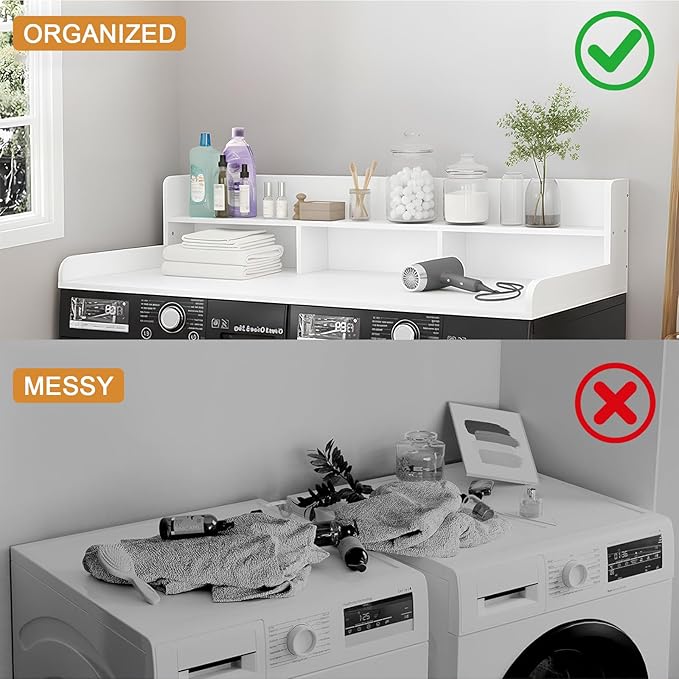 Washer Dryer Countertop with Shelf, 2-Tier Laundry Countertop Over Washer and Dryer, 54" x 27.55" Wooden Table for Folding Clothes for Laundry Room Organization and Storage (Milky)