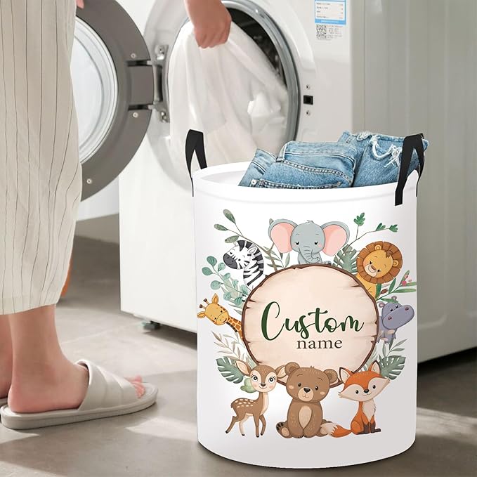 Personalized Baby Basket for Laundry, Custom Name Laundry Baskets for Kids Girls Boys Adults, Customize Kids Clothes Hamper, Safari Animals Print Storage Basket with Handles