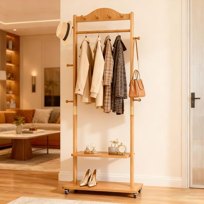 Coat Rack Freestanding Clothing Rack with Wheels - Heavy Duty Clothes Rack with 2 Shelves, Wooden Coat Hanger Stand with 4 Top Hooks & 5 Side Hooks for Entryway Hallway Living Room Office