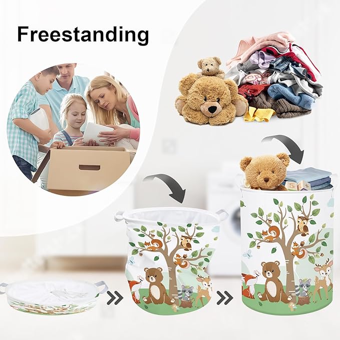 Forest Animals Laundry Hamper Woodland Tree Large Storage Basket Parents Organizer Kids Clothes Toy Bins for Bedroom, Bathroom, Squirrel, 63L