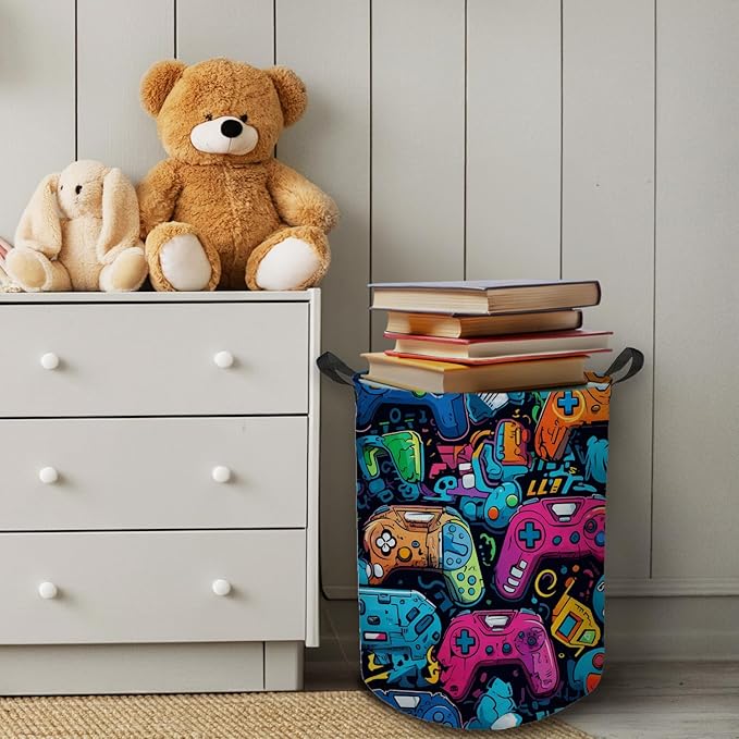 Gaming Gamer Laundry Basket, Colorful Game Controller Waterproof Collapsible Laundry Hamper Dirty Clothes Storage Toy Bin Organizer for Boys Kids Room Bedroom College Dorm Bathroom