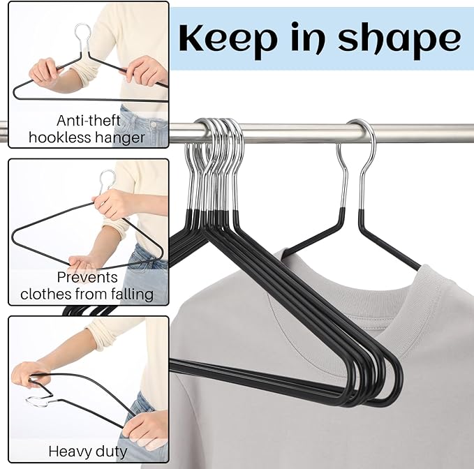 Leinuosen 12 Pack Anti-Theft Security Hangers 17 Inch Heavy Duty Chrome Metal Hanger Closed Loop Suit Hook Suitable for Suits Coat Jacket for Hotels Retail Rvs Stores Gyms (Black,Rubber Coating)