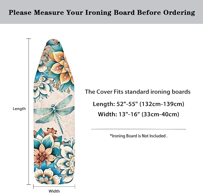 Boho Mandala Dragonfly Ironing Board Cover Standard Size, Durable Stretchable Non Stick Scorch Iron Board Cover, Easy Fit for 15 x 54 Inches Boards, Easy to Use
