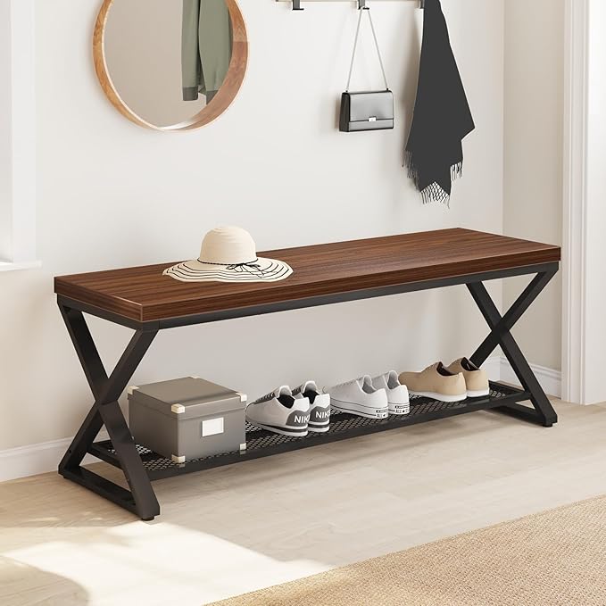 LVB Entryway Bench with Storage, Wood and Metal Indoor Bench for Entry Way, Simple Accent Shoe Rack Bench for Foyer Entrance, Long Wooden Hallway Bench with Seating for Living Room, Walnut, 47 inch