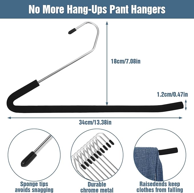 Open Ended Pants Hangers, 10 Pack Non-Slip Sponge Padded Pants Hanger Heavy Duty Metal Clothes Hangers Closet Space Saving No Crease for Jeans, Trousers, Slacks, Towels