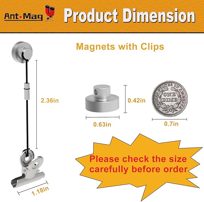 Ant Mag Magnets Clips for Hanging Metal Clips with Strings Perfect for Gloves Towels Hats Organization, Magnetic Clip for Fridge Locker Grill Indoor Outdoor Use 6 Pack