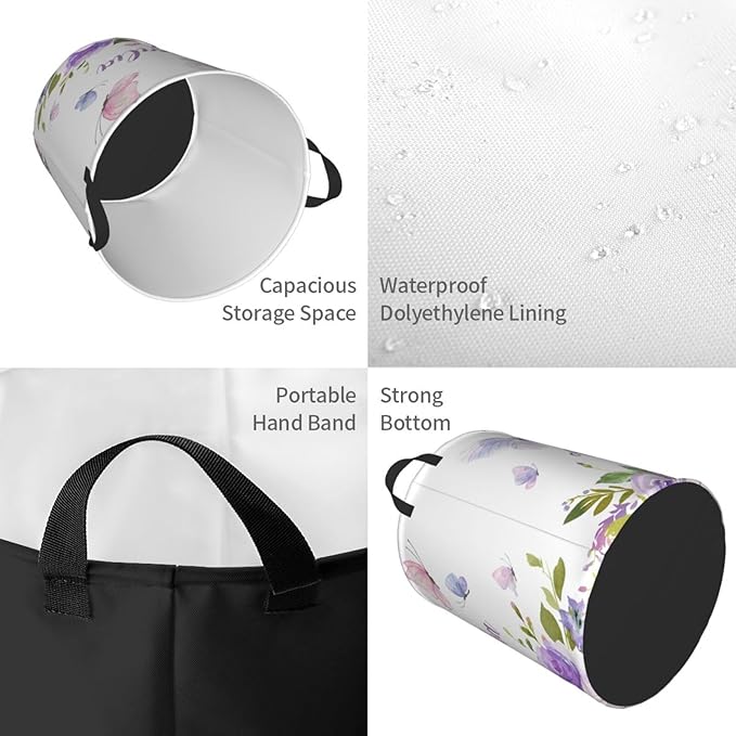 Personalized Laundry Basket for Nursery, Custom Nursery Laundry Hamper with Name, Customize Baby Clothes Circular Hamper for Boys Girls Room Decor, Floral Butterfly Purple