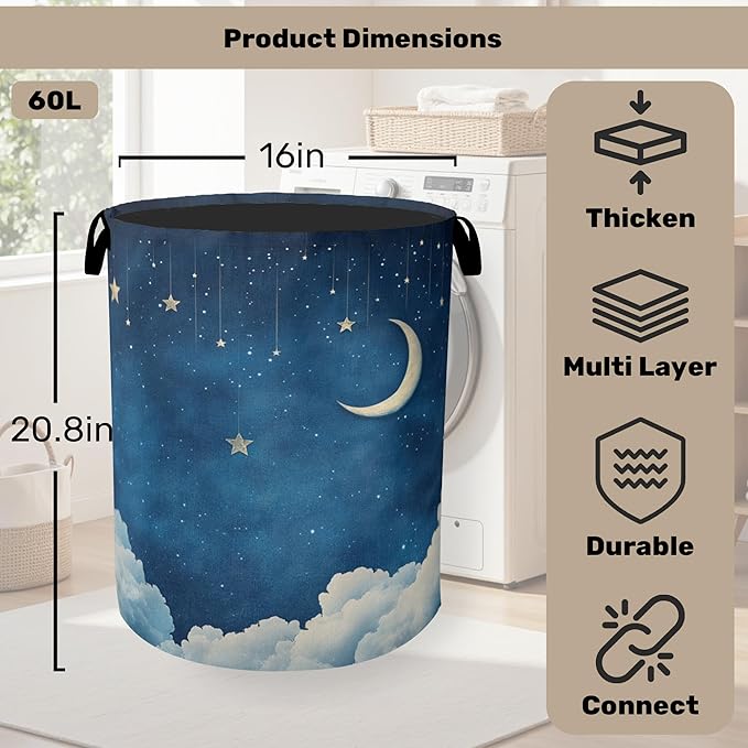 Starry Stars Moon Laundry Basket - Foldable Canvas Laundry Hamper with Handles, Heavy Duty Clothes Storage Basket for Home/Bedroom/Dorm