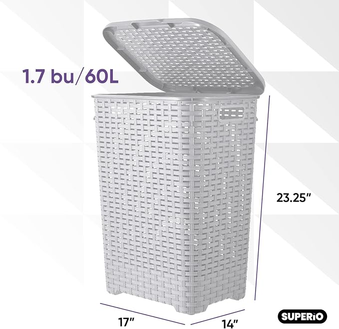Plastic Laundry Hamper with Lid Laundry Hamper Basket, White Smoke 2 Pack Tall Cloths Hamper Organizer with Cut-out Handles. Space Saving for Laundry Room Bedroom Bathroom, Wicker Design 60 Liter