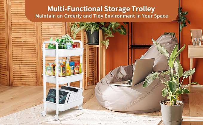 YSSOA Rolling Storage Cart, 3 Tier Slim Mobile Shelving Unit 360° Rotating Wheel Lockable Utility Cart, Ideal for Office, Kitchen, Bathroom, Laundry and Narrow Spaces, White