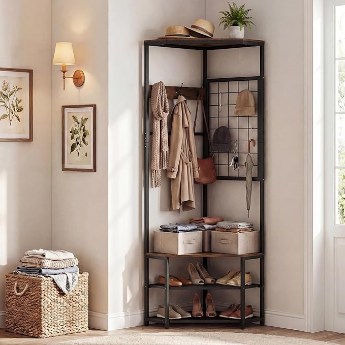 Giantex Corner Hall Tree with Shoe Bench, 4-Tier Freestanding Coat Rack with Hooks & 2-Tier Metal Wire Shoe Rack, Industrial Corner Storage Organizer for Entryway, Hallway, Bedroom
