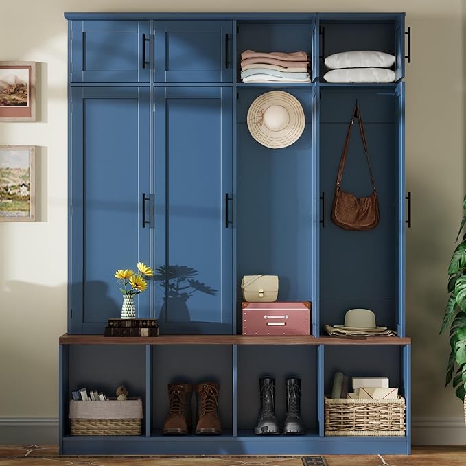 75" H Farmhouse Hall Tree with Storage, Versatile 4-in-1 Coat Hanger with 4 Hidden Hanging Hooks, 8 Doors, Entryway Shoe Cabinet with Open Compartments for Living Room