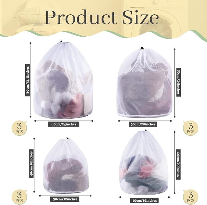 Fine Style 12 Pcs Mesh Laundry Bags with Drawstring - Heavy Duty White Mesh Bags, Machine Washable, Ideal for Delicates, College Dorm
