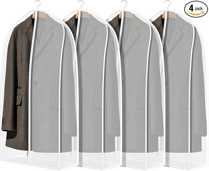 Zilink Breathable Garment Bags for Leather Coat 40” Suit Bags for Closet Storage Silky Suit Dust Covers for Hanging Clothes with 7" Gussted Wrinkle Free for Leather Clothing, Fur Coat, White, Set of 4