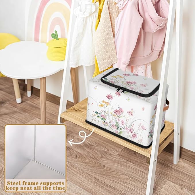 Boho Floral Flowers Storage Basket - Rectangular Decorative Box Collapsible Organizer with Zipper Lid, Watercolor Butterfly Bin with Handles for Girl Woman Her Bedroom, 24L