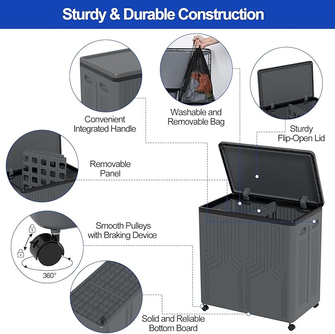 120 L Large Double Laundry Hamper with Lid and Wheels, 2 Section Plastic Laundry Basket with Wheels, Foldable Rolling Clothes Basket for Bathroom Bedroom, Gray