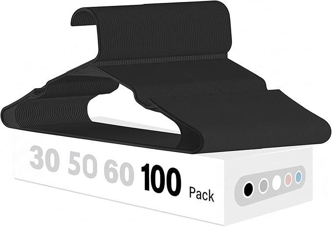 InfiniPower 100 Pack Plastic Hangers, Space Saving Slim Clothes Hangers with Non-Slip Shoulder Notches, for Coats, Sweater, Shirts, Pants, Black