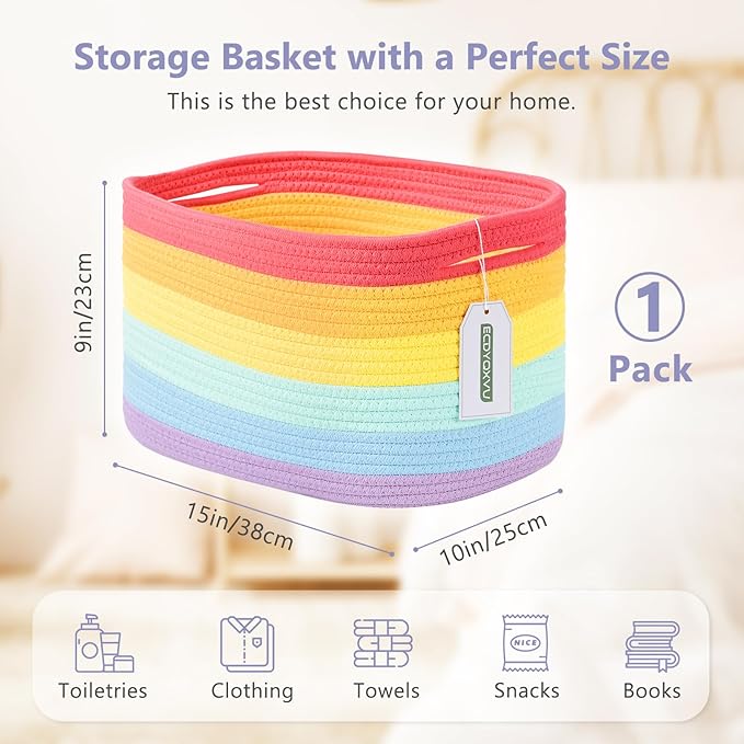 Cotton Rope Storage Basket, 15x10x9 Inches, Woven Basket for Shelves, Clothes, Towels, Books, and Laundry, Rainbow (1 Pack)