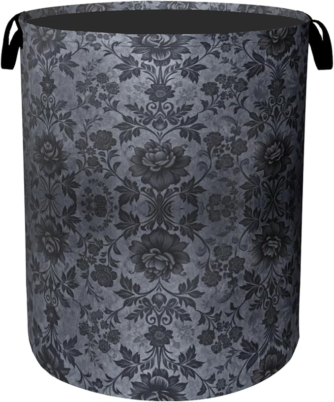 Black Damask Flower Laundry Basket - Large Laundry Hamper with Handles, Space Saving Foldable Design for Nursery