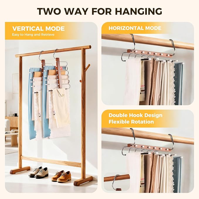 Pants Hangers Space Saving, 2 Packs Wooden Closet Organizer, Anti-Slip Design Leggings Hanger, Multi-Layer Clothing Pant Rack for Jeans, Trousers, Skirts, Scarves & Slacks