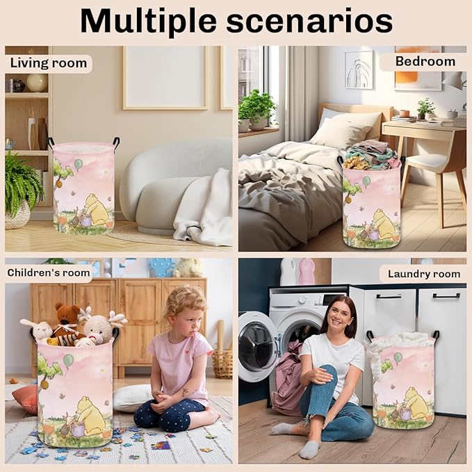 Greatingreat Pink Winnie Foldable Laundry Hamper, Circular Canvas Storage Basket with PE Coating, Collapsible Clothes Organizer for Home, Nursery, and Bedroom