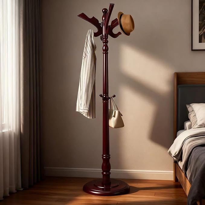 73" Wooden Freestanding Coat Rack，Easy to Adjust, Easy to Assemble for Children, Youth,Coat Rack Stand With Adults，18 Hooks and Round Solid Wood Base for Entrance Hallway Office (Flying Swallow)