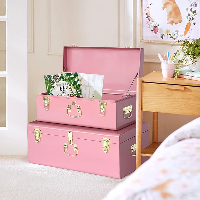 Vixdonos Decorative Large Metal Box Storage Trunk Chest Set of 2 College Dorm Organizer with Hardware Hasps and Handle for Home Deocr,23.7X14.2X9.5 Inches,Deep Pink
