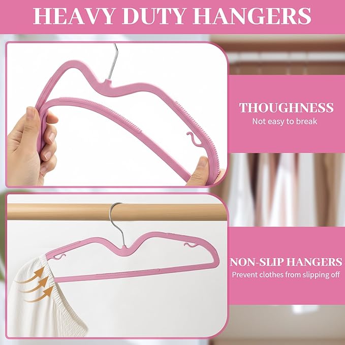 LemonRoad 50 Pcs Upgraded Plastic Short Neck Hangers, Anti-Slip Space Saving Hangers with 360 Swivel Hooks for Clothes, Smooth, Not Velvet (Rose Pink)